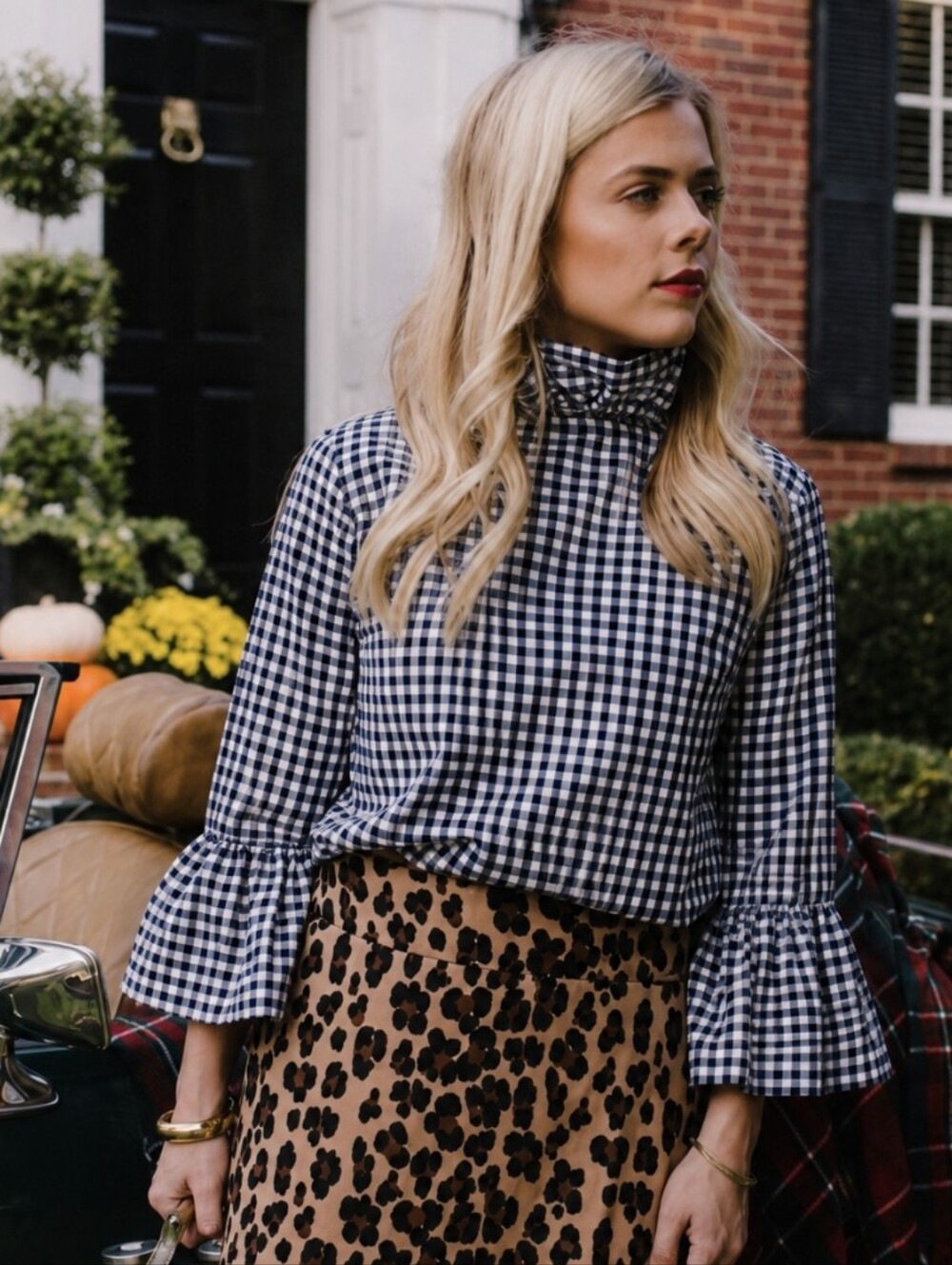 Elizabeth Wilson Shirt Katherine Ruffle Neck Navy Blue Gingham Top Blouse Sz XXL